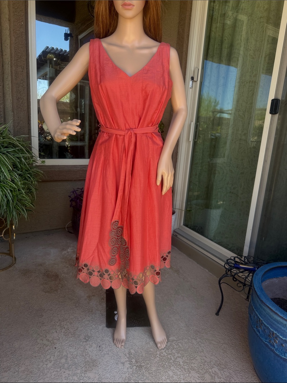 Women's Coral Sleeveless V-Neck Belted Dress